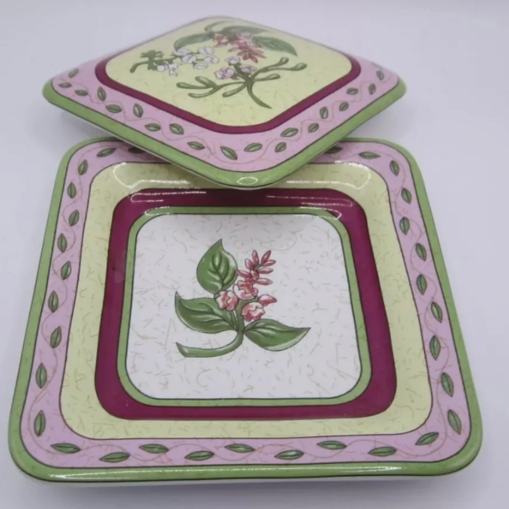 Partylite 2 Pc Green Candle W/ Lid & Plate Floral Sweet Pea Flower Square 4